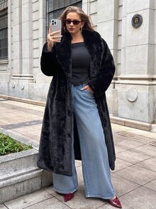 GalTyme Plus Size Women's Solid Color Fashion Versatile Winter Faux Fur Coat - Black - View 10