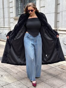 GalTyme Plus Size Women's Solid Color Fashion Versatile Winter Faux Fur Coat - Black - View 5