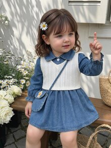 SHEIN Vintaside Kids 女嬰 2 件組秋季丹寧長袖洋裝套裝 海軍藍配米白色麻花針織背心 可愛嬰幼兒服飾 節日優雅大方風 - 藍色 - 查看 1