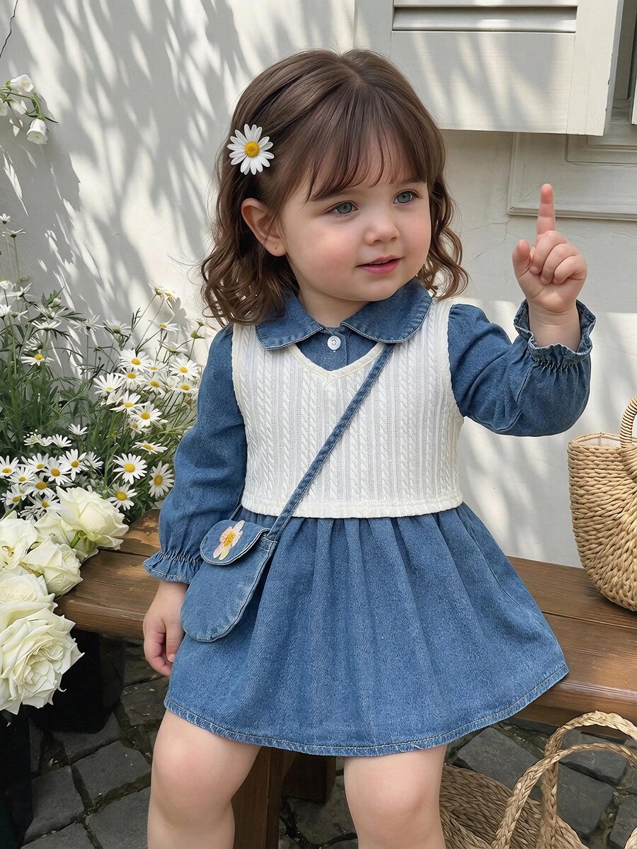 SHEIN Vintaside Kids 女嬰 2 件組秋季丹寧長袖洋裝套裝 海軍藍配米白色麻花針織背心 可愛嬰幼兒服飾 節日優雅大方風 - 藍色 - 查看 1