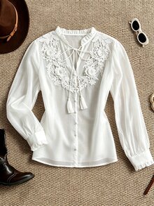 Ceyna Plus Size Women's Summer Romantic Elegant Vacation Sheer Lightweight Heavy Embroidery Ruffle Collar Long Sleeve Blouse Formal Office Brunch All White - Beige - View 4