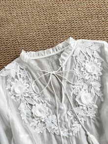 Ceyna Plus Size Women's Summer Romantic Elegant Vacation Sheer Lightweight Heavy Embroidery Ruffle Collar Long Sleeve Blouse Formal Office Brunch All White - Beige - View 7
