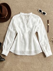 Ceyna Plus Size Women's Summer Romantic Elegant Vacation Sheer Lightweight Heavy Embroidery Ruffle Collar Long Sleeve Blouse Formal Office Brunch All White - Beige - View 2