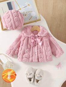 SHEIN 2件組幼女嬰兒女童抓絨外套帽套，可愛甜美粉色緞面蝴蝶結愛心壓紋長袖領口加厚度假款冬季秋季鈕扣式 - 駝色 - 查看 5