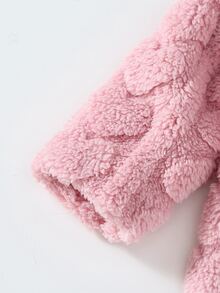 SHEIN 2件組幼女嬰兒女童抓絨外套帽套，可愛甜美粉色緞面蝴蝶結愛心壓紋長袖領口加厚度假款冬季秋季鈕扣式 - 駝色 - 查看 9