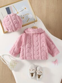 SHEIN 2件組幼女嬰兒女童抓絨外套帽套，可愛甜美粉色緞面蝴蝶結愛心壓紋長袖領口加厚度假款冬季秋季鈕扣式 - 駝色 - 查看 2