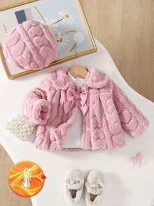 SHEIN 2件組幼女嬰兒女童抓絨外套帽套，可愛甜美粉色緞面蝴蝶結愛心壓紋長袖領口加厚度假款冬季秋季鈕扣式 - 駝色 - 查看 3