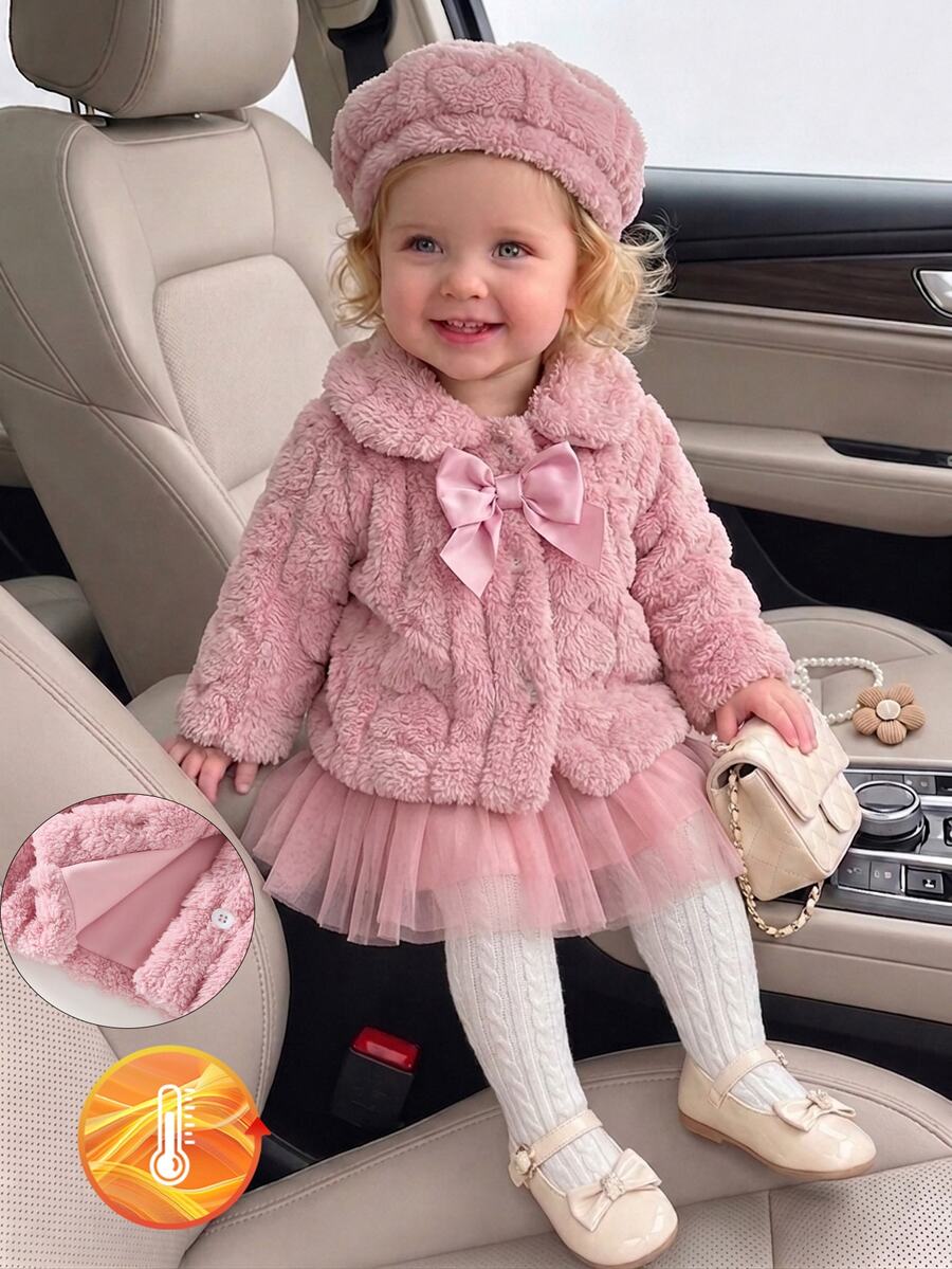 SHEIN 2件組幼女嬰兒女童抓絨外套帽套,可愛甜美粉色緞面蝴蝶結愛心壓紋長袖領口加厚度假款冬季秋季鈕扣式 - 駝色 - 查看 1