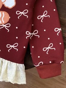 SHEIN Toddler Girl Sweatshirt Cute Sweet Burgundy Gingerbread Man Bow Lace Ruffle Long Sleeve Round Neck Regular Fall Holiday Fall Dots - Burgundy - View 6