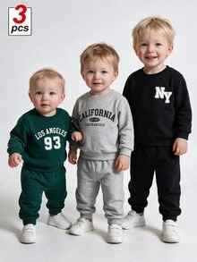 SHEIN Baby Boys Vintage Slogan Sweatshirt 3pcs City Letter Print Kids Sweatshirt Loose Basic Style Boy Daily Wear 3-Piece Set - Multicolor - View 6