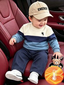 Souflis Souflis 2件組幼兒男童運動休閒衛衣套裝，學院風海軍藍米色馬匹拼色條紋長袖圓領加厚毛絨秋季派對毛衣 - 霧霾藍 - 查看 11