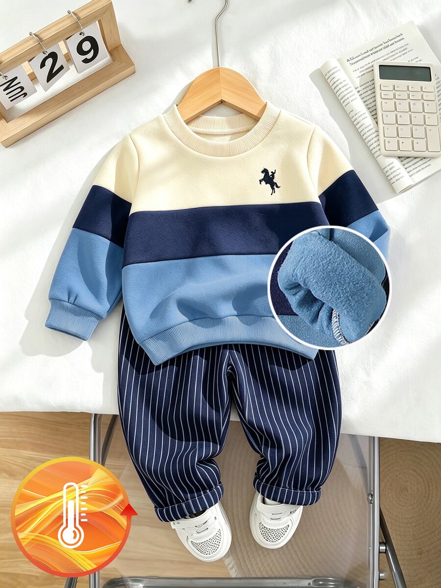 Souflis Souflis 2pcs Toddler Boy Sweatshirt Set Preppy Navy Blue Beige Horse Color Block Striped Long Sleeve Round Neck Thickened Plush Party Autumn Sweaters Active - Dusty Blue - View 1