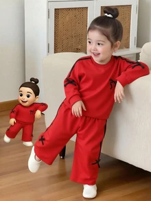 Elladie kids 女童蝴蝶結裝飾長袖運動衫與長褲套裝 - 紅色 - 查看 3