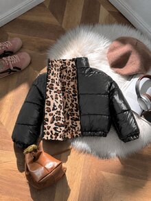 SHEIN Young Girls Leopard Winter Coats, Cute Tops, Winter, Cheetah Print Fleece And Thickened Stand Collar Cut Fleece And Thickened - Black - View 1