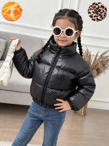 SHEIN Young Girls Leopard Winter Coats, Cute Tops, Winter, Cheetah Print Fleece And Thickened Stand Collar Cut Fleece And Thickened - Black - View 7