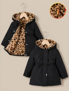 SHEIN 女童連帽豹紋冬季外套，黑色豹紋修身拉鍊抓絨派克夾克，可愛秋冬外套 - 黑色 - 查看 4