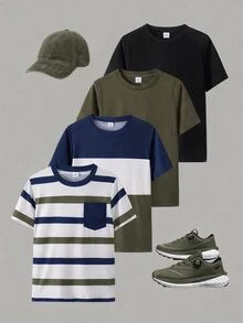 Casuvi Kids 4pcs Teen Striped, Color Block, Black, Yellow Sports Casual Versatile Cost-Effective Spring/Summer T-Shirt Set - Multicolor - View 2