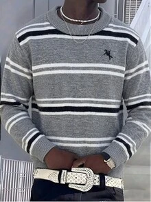 SHEIN 男孩拼色圓領寬鬆休閒毛衣，青少年套頭衫，秋冬款 - 彩色 - 查看 3