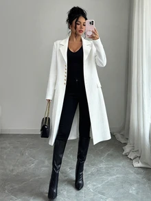 Elenzga Women's Elegant Wool Blend Coat For Outing, Commuting And Business - White - View 5