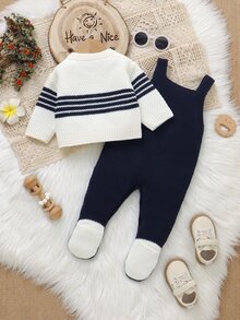 SHEIN 新生兒小熊刺繡針織套裝 2 件組，男嬰深藍色開襟衫 + 連身包屁衣，可愛卡通小熊套裝，滿月拍照，舒適秋季 - 藏蓝色 - 查看 2