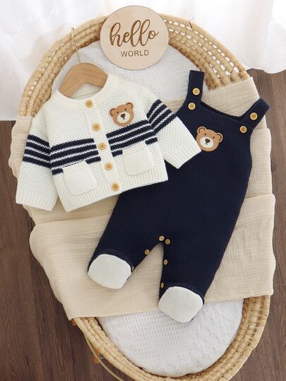 SHEIN Newborn Bear Embroidery Sweater 2 Pieces Set, Baby Boy Navy Blue Cardigan + Footed Romper, Cute Cartoon Bear Outfit, Full Moon Photo, Cozy Autumn