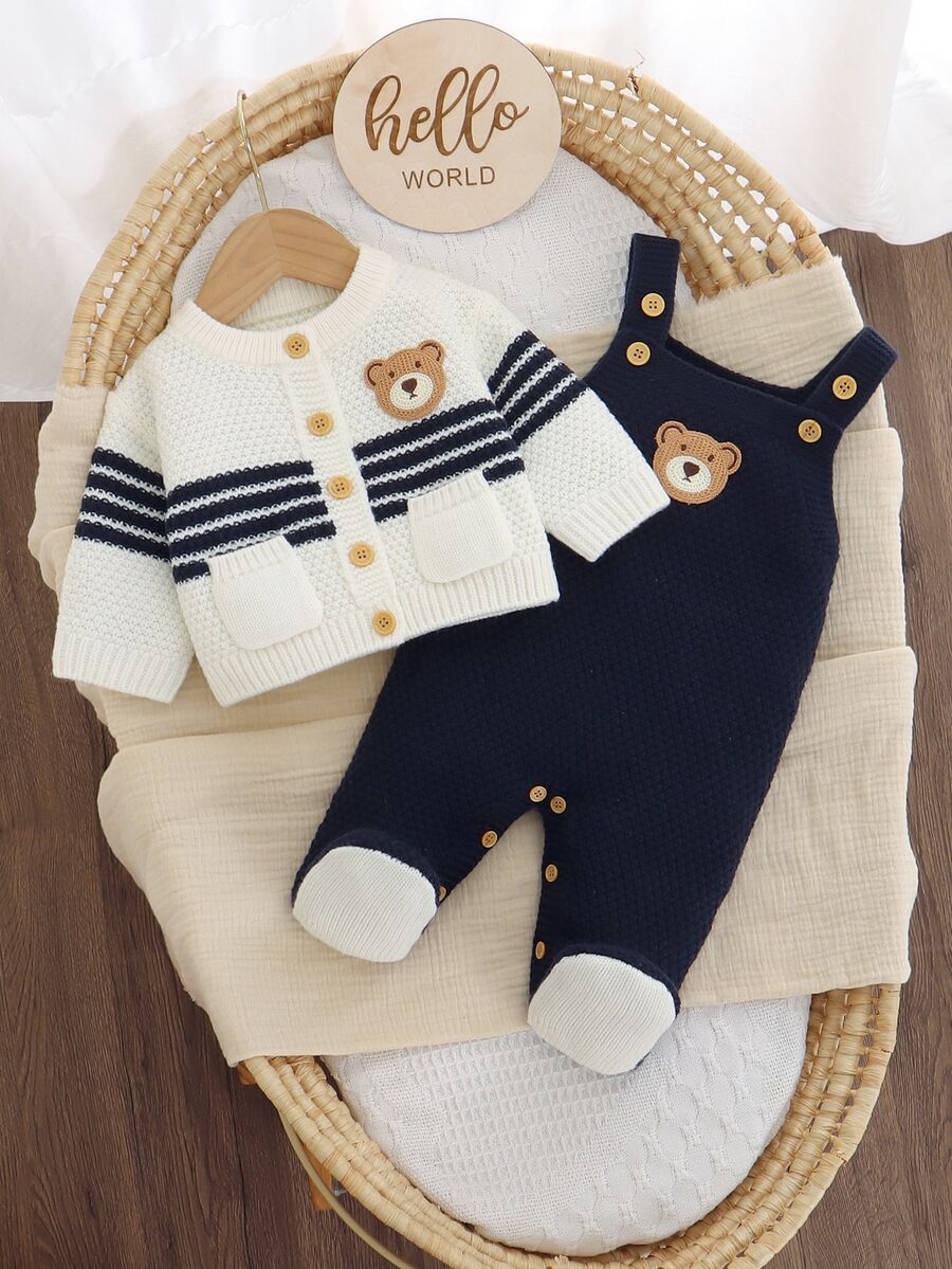 SHEIN 新生兒小熊刺繡針織套裝 2 件組,男嬰深藍色開襟衫 + 連身包屁衣,可愛卡通小熊套裝,滿月拍照,舒適秋季 - 藏蓝色 - 查看 1