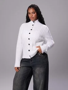 Rustia Plus Size Women's Button Cable Knit Cardigan, Autumn/Winter - White - View 3
