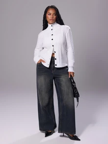 Rustia Plus Size Women's Button Cable Knit Cardigan, Autumn/Winter - White - View 5