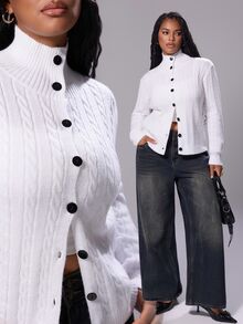 Rustia Plus Size Women's Button Cable Knit Cardigan, Autumn/Winter - White - View 1