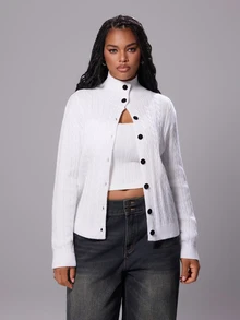 Rustia Plus Size Women's Button Cable Knit Cardigan, Autumn/Winter - White - View 8