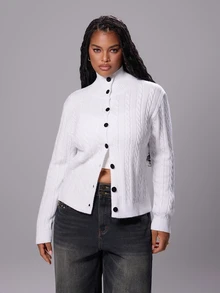 Rustia Plus Size Women's Button Cable Knit Cardigan, Autumn/Winter - White - View 7