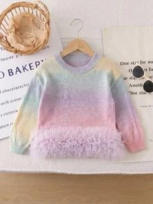 SHEIN Sweater Leher Bulat Warna Pelangi Gradien untuk Anak Perempuan Usia 4-7 Tahun, Atasan Rajut dengan Hem Berbulu Jala, Model Longgar Bahu Jatuh Gaya Menawan Musim Gugur Musim Dingin - MultiWarna - View 1
