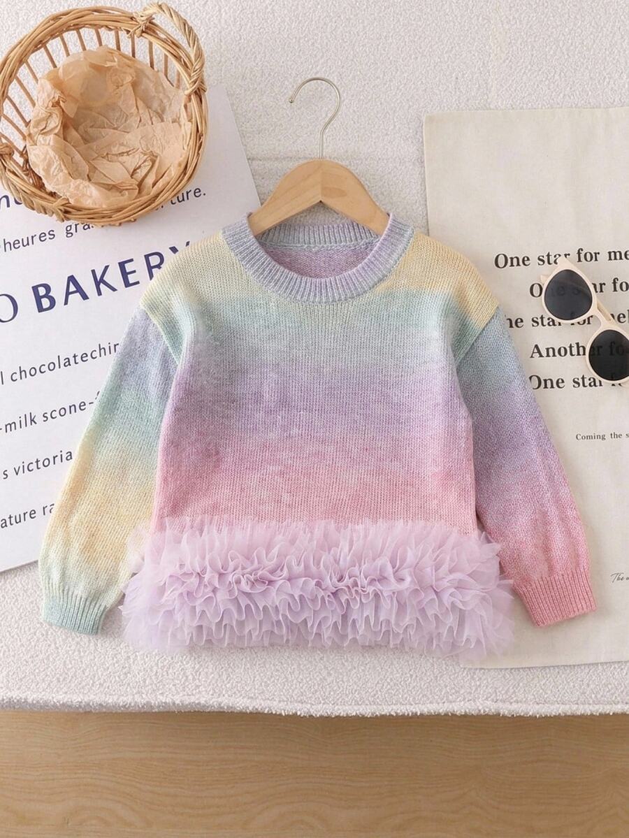 SHEIN Sweater Leher Bulat Warna Pelangi Gradien untuk Anak Perempuan Usia 4-7 Tahun, Atasan Rajut dengan Hem Berbulu Jala, Model Longgar Bahu Jatuh Gaya Menawan Musim Gugur Musim Dingin - MultiWarna - View 1