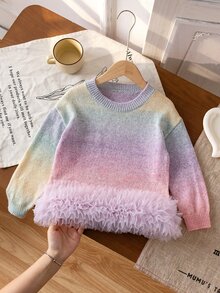 SHEIN Sweater Leher Bulat Warna Pelangi Gradien untuk Anak Perempuan Usia 4-7 Tahun, Atasan Rajut dengan Hem Berbulu Jala, Model Longgar Bahu Jatuh Gaya Menawan Musim Gugur Musim Dingin - MultiWarna - View 3