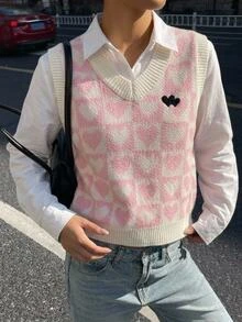 SHEIN Tween Girl) Light Apricot V-Neck Vest Embroidered Knit Sweater Soft Comfortable Suitable For Daily Wear Suitable For Outing Suitable For Travel Suitable For Vacation Suitable For Daycare Suitable For Children Play - Pink - View 3