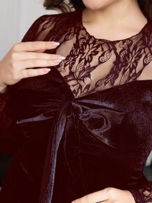 Modelyn 大码女士优雅蕾丝拼接天鹅绒紧身连衣裙 - 酒紅色 - 查看 7