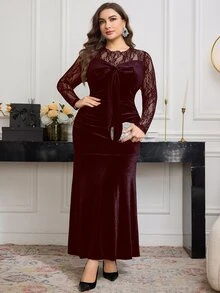 Modelyn 大码女士优雅蕾丝拼接天鹅绒紧身连衣裙 - 酒紅色 - 查看 1
