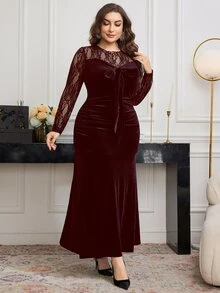 Modelyn 大码女士优雅蕾丝拼接天鹅绒紧身连衣裙 - 酒紅色 - 查看 5