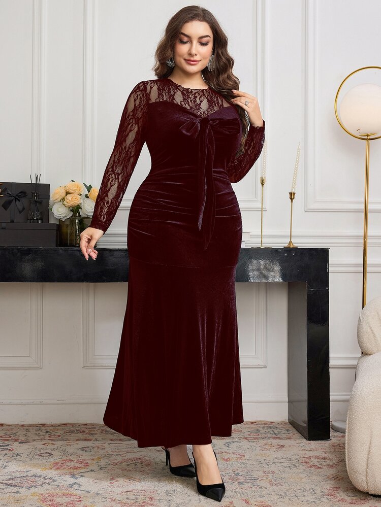 Modelyn Plus Size Women Elegant Lace Patchwork Velvet Bodycon Dress - Burgundy - View 5