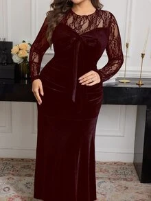 Modelyn 大码女士优雅蕾丝拼接天鹅绒紧身连衣裙 - 酒紅色 - 查看 4