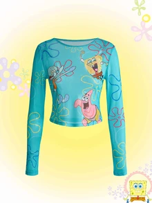 SpongeBob SquarePants | ROMWE Women's Cartoon Print Casual Everyday Long Sleeve Top - Multicolor - View 1