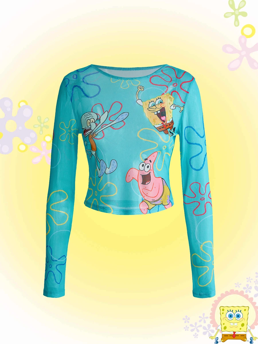 SpongeBob SquarePants | ROMWE Women's Cartoon Print Casual Everyday Long Sleeve Top - Multicolor - View 1