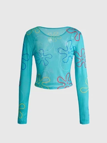 SpongeBob SquarePants | ROMWE Women's Cartoon Print Casual Everyday Long Sleeve Top - Multicolor - View 2