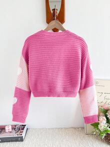 SHEIN 少女秋/冬可愛俏皮粉色與白色拼色愛心圖案圓領短版長袖針織衫，適中厚度，百搭休閒女童穿搭，適合日常穿著、購物、上學、派對等多種場合 - 玫紅色 - 查看 4