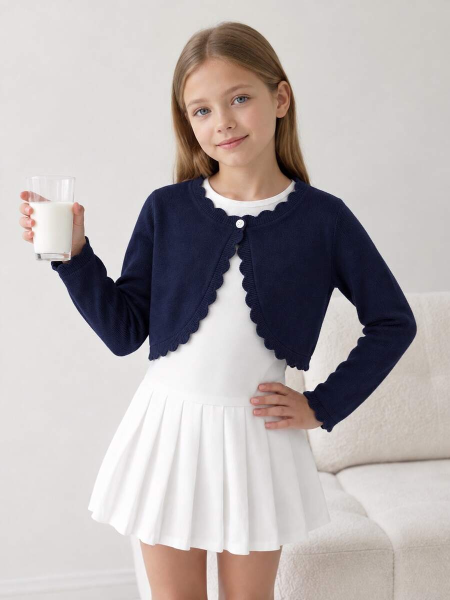 SHEIN Elladie kids 女童軟針織短版開襟毛衣,波浪邊飾,輕盈舒適,可愛優雅復古鈕扣前開襟,校園正式風海軍藍秋季款 - 藏蓝色 - 查看 1