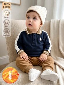 SHEIN 幼兒男童秋冬拼接撞色休閒學院風獨角馬印花長袖 Polo 運動衫 - 藏蓝色 - 查看 4