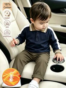 SHEIN 幼兒男童秋冬拼接撞色休閒學院風獨角馬印花長袖 Polo 運動衫 - 藏蓝色 - 查看 5