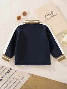SHEIN 幼兒男童秋冬拼接撞色休閒學院風獨角馬印花長袖 Polo 運動衫 - 藏蓝色 - 查看 7
