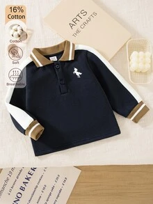 SHEIN 幼兒男童秋冬拼接撞色休閒學院風獨角馬印花長袖 Polo 運動衫 - 藏蓝色 - 查看 6