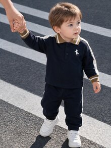 SHEIN 幼兒男童秋冬拼接撞色休閒學院風獨角馬印花長袖 Polo 運動衫 - 藏蓝色 - 查看 3